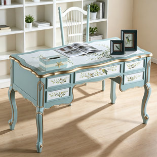 Retro Blue Rectangular Solid Wood Writing Desk