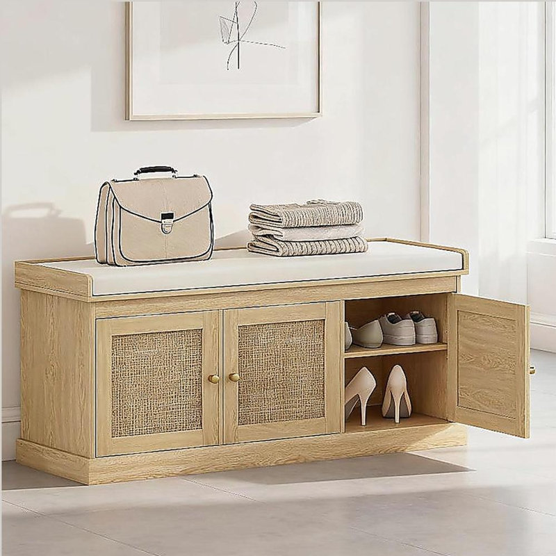 Shoe Storage Bench with Woven Rattan Doors, Shoe Bench, White/Natural