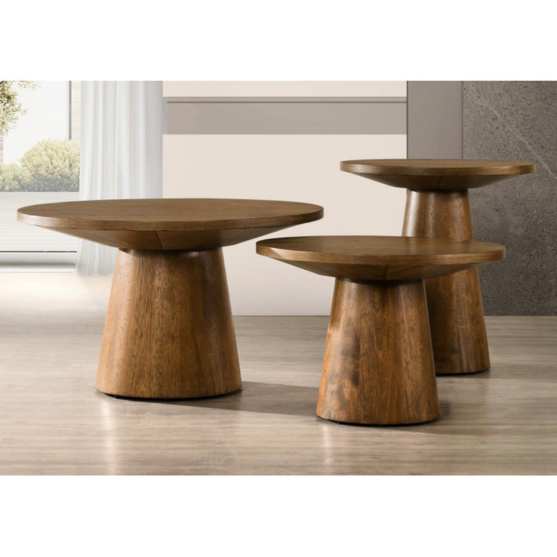 Moderne 22 po Table de bout ronde en bois d'hévéa, base à piédestal, finition noyer, plateau biseauté pour un look élégant
