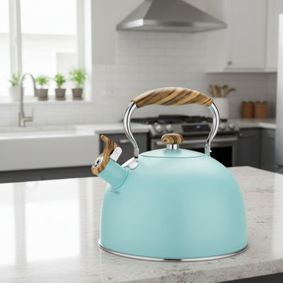 Blue 2.6 Qt Whistling Teapot, Stainless Steel Wood Handle, Stovetop Compatible