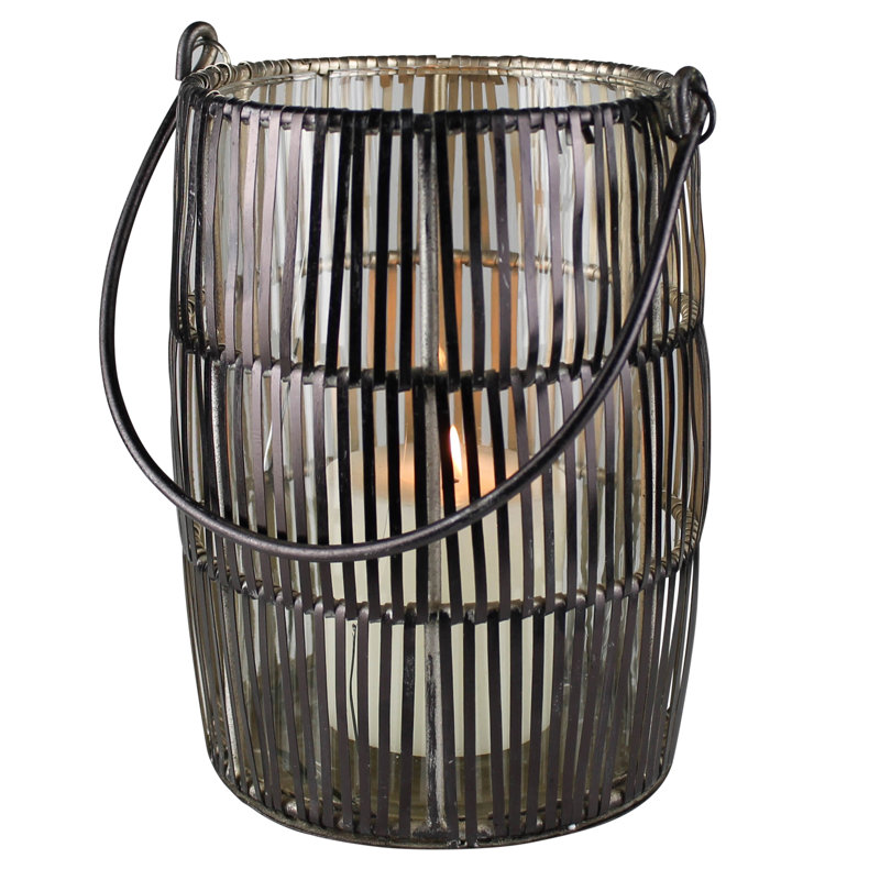 Wire Woven Glass Hurricane with Handle, 10" H x 7" W x 7" D