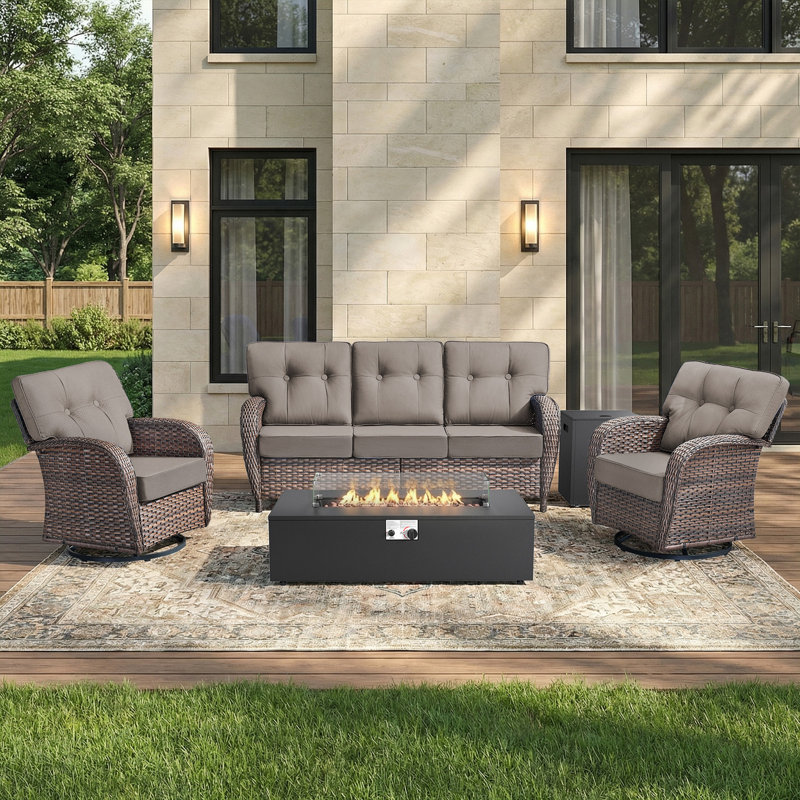 Ensemble de conversation extérieur en résine tressée 4 pièces avec chaises pivotantes et table foyer divisée, Gris