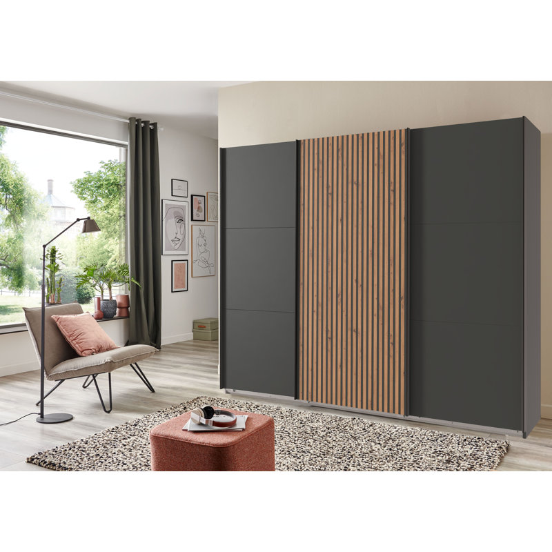 Lyliann 3 Door Manufactured Wood Wardrobe, 216cm H x 300cm W x 65cm D, Graphite / ABS artisan oak
