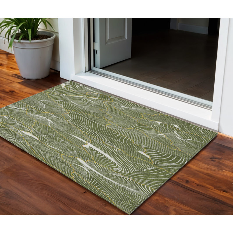 3' X 5' Olive Green Gold And Ivory Abstract Washable Indoor Outdoor Area Rug