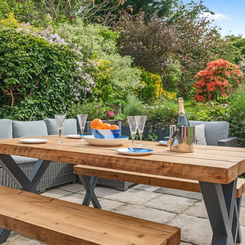 Chunky Rustic Outdoor Garden Table with Parasol Hole, 78cm H x 80cm W x 200cm D