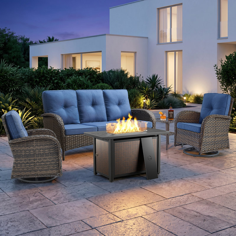 Braxleigh 5-Person PE Wicker Outdoor Patio Conversation Set With Firepit With Cushions, Blue