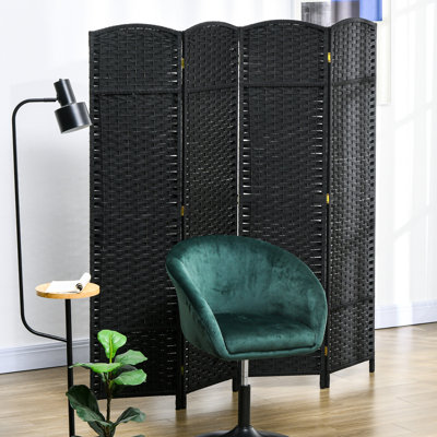 4 Panel Folding Privacy Screen . 5.6' Tall Room Divider For Home. Black With Hand-Woven Appeal And Delightful Arched Top. Versatile Bedroom, Office. Wood Frame, Polypropylene Webbing. Lightweight,