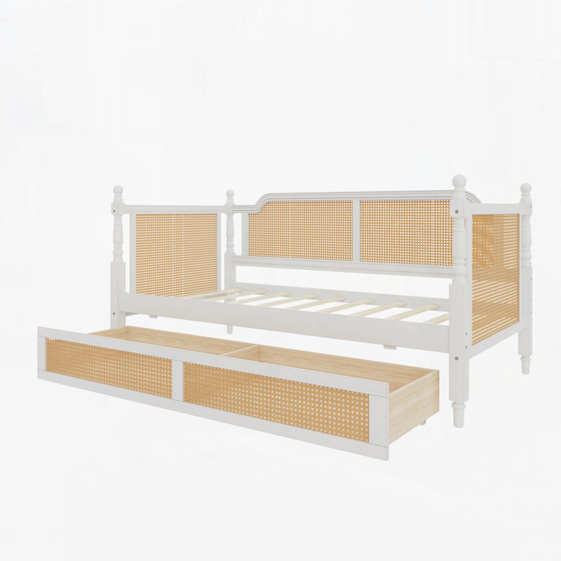 Lit de jour en rotin avec 2 tiroirs, Lit simple, Blanc antique