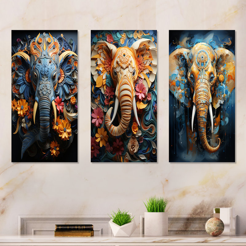 «Abstract Elephant Dreamscape Portrait», ensemble de 4 reproductions d'art mural éléphant, Toile tendue, H 28 po x l 36 po