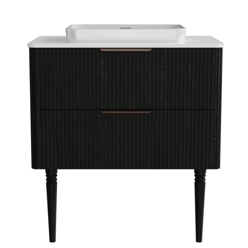 Meuble-lavabo de salle de bain avec motif rayé en chêne noir, surface en peau, poignées antiques, armoire moderne avec pieds en bois massif, fixation autoportante ou murale, rangement spacieux, tiroirs à fermeture en douceur