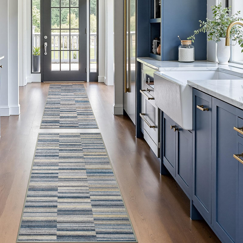 Modern Abstract Ultra-Thin Washable Area Rug, Runner 2' x 6', Blue