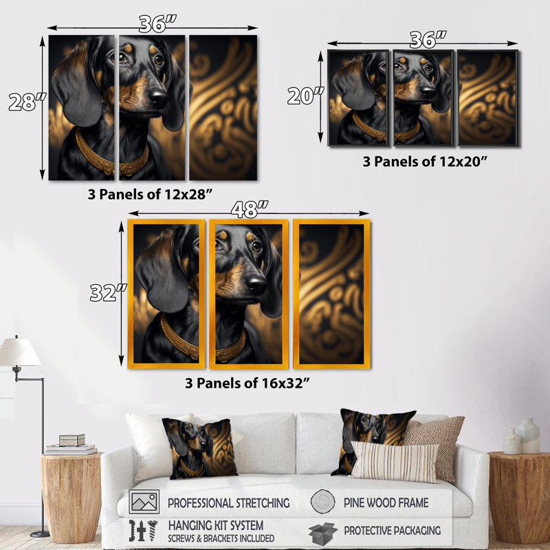 Teckel glam avec collier doré Teckel glam avec collier doré - 3 pièces sur toile, H 20 po x l 36 po x P 1 po