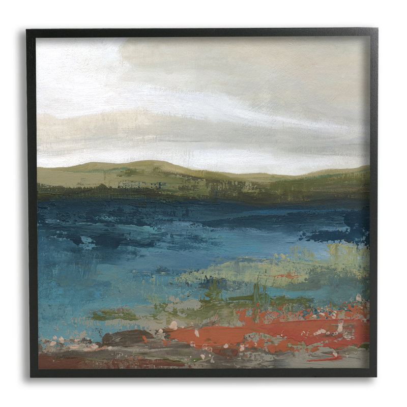 Étang, rivage vert, paysage montagneux moderne, estampe numérique, art texturé par Carol Robinson, Noir
