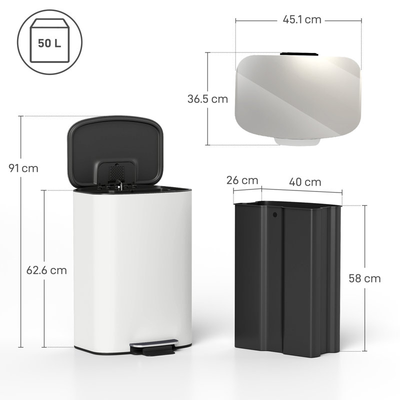 Pedal Bin with Soft-Close Lid, 50L Kitchen Bin with Carry Handle, White
