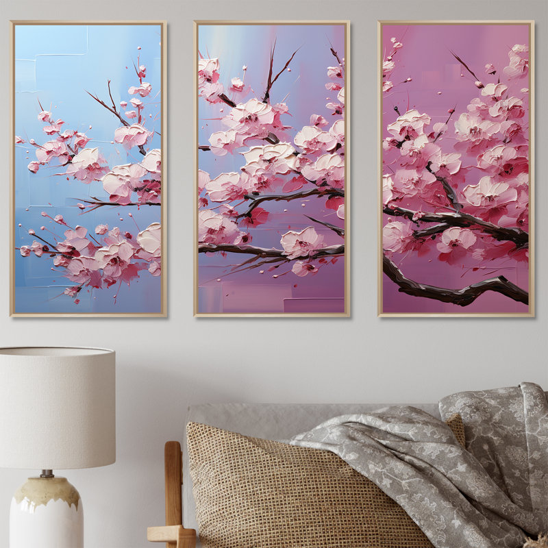 «Pink Whispering Cherry Blossoms I», art mural fleurs, Cadre flottant brun, H 32 po x l 48 po x P 1 po