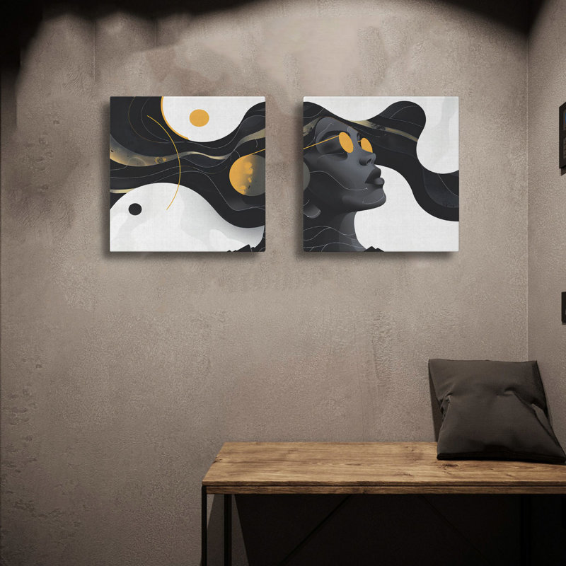 Superbe peinture sur toile décorative (2 pièces), doré et noir / blanc, 19,7 po x 19,7 po chacune | 100% toile avec cadre 100% bois | Idéal pour le décor du salon et de la chambre à coucher, œuvre d'art moderne et élégante