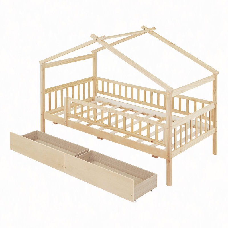 Lit en bois avec deux tiroirs, Naturel, Lit simple