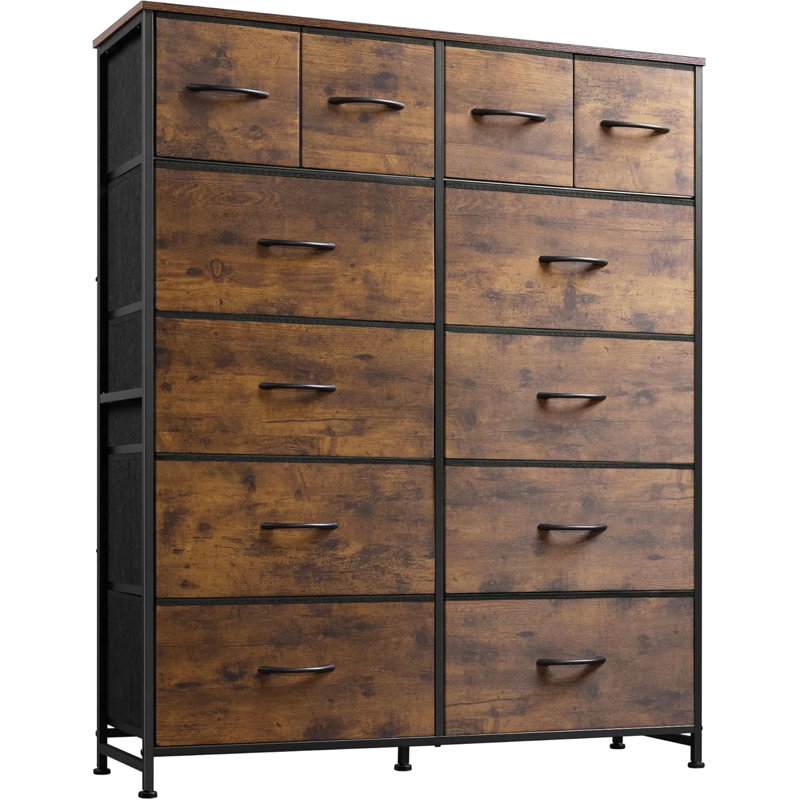 Grande commode pour chambre à coucher avec 12 tiroirs - Commode de rangement en tissu et commode pour placard, salon avec structure en acier et plateau en bois