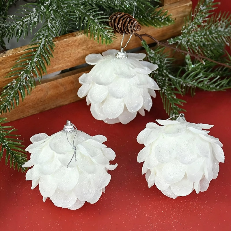 Ornements d'arbre de Noël en forme de pétale blanc avec boules en mousse et boule de neige en mousse pétillante décorations suspendues pour arbre