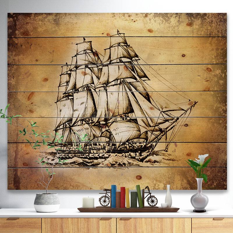 « moving old voilier drawing », peinture, Bois, H 30 po x l 40 po x P 1,5 po