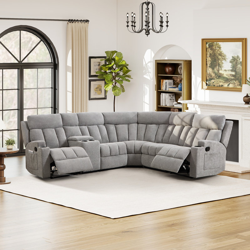 7-Piece Manual Reclining L-Shaped Sectional Sofa With Center Storage Console & Cup Holders, Light Gray Microfiber