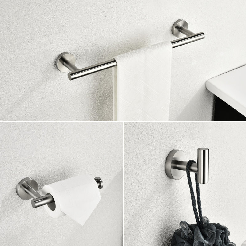 3 Bathroom Hardware. Rustproof Bath Accessories . Includes 12-inch Towel Bar, Toilet Paper Holder & Robe Hook. Modern Design With Smooth Finish. Easy To Install