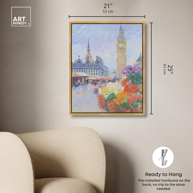 «London Flower Market», affiche inspirée de Monet par Art Remedy, H 25 po x l 21 po, Cadre flottant doré