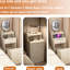 Meuble-lavabo 3 en 1 avec 2 tiroirs, miroir et éclairage, option de charge, tabouret rembourré, jaune, espace compact, grand espace de rangement, étagères à tiroirs, station de travail