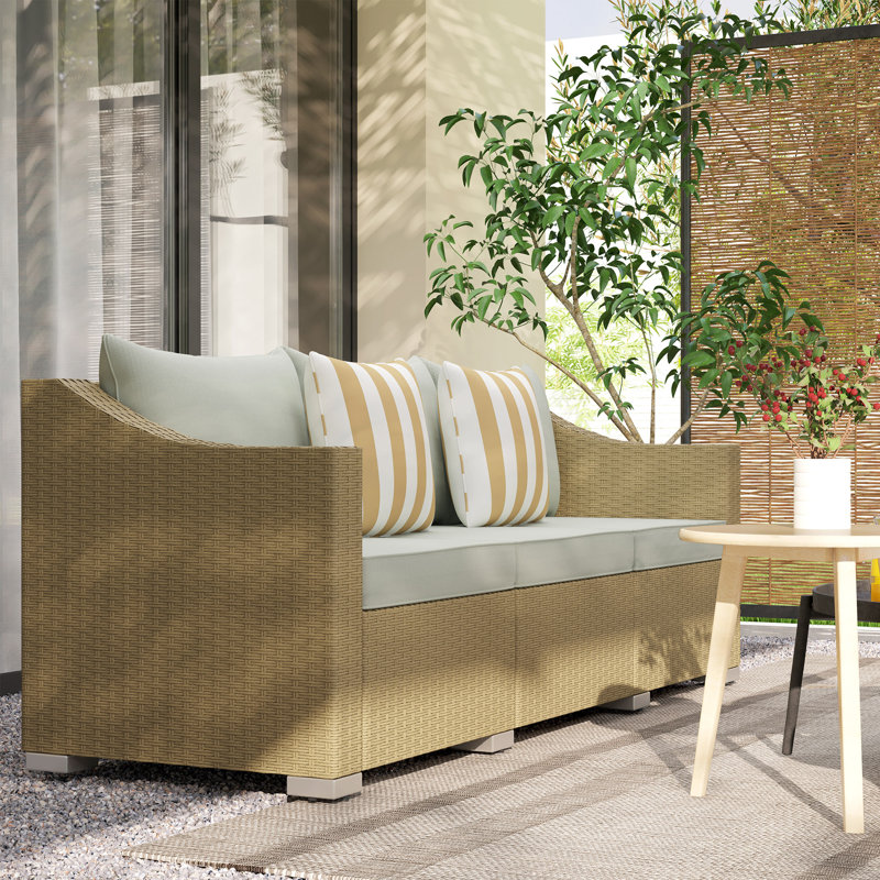 3 Seater Patio Sofa, Wicker Sofa with Cushions, Outdoor Furniture Rattan Couch with 2 Throw Pillows, Deep Seating, for Garden, Backyard, Porch