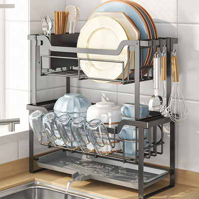2-Tier Dish Drying Rack with Drainboard, Large Capacity Dish Racks for Kitchen Counter Shelf with Utensil, Cups, Cutlery， Cutting Board
