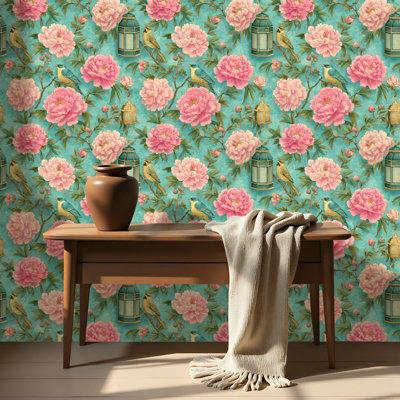 Papier peint auto-adhésif de luxe à motif de pivoines chinoises auto-adhésives et amovibles 17,7 po x 118 po (45 x 300 cm)