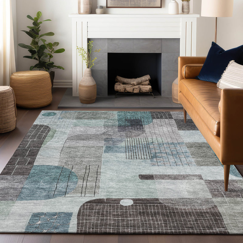 Jude Teal Washable Indoor-Outdoor Rug - , 8' x 10'