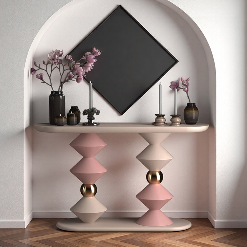 Console de hall d'entrée en bois massif Minimalist Modern, Blanc / Rose, H 33,5 po x l 47,2 po x P 11,8 po
