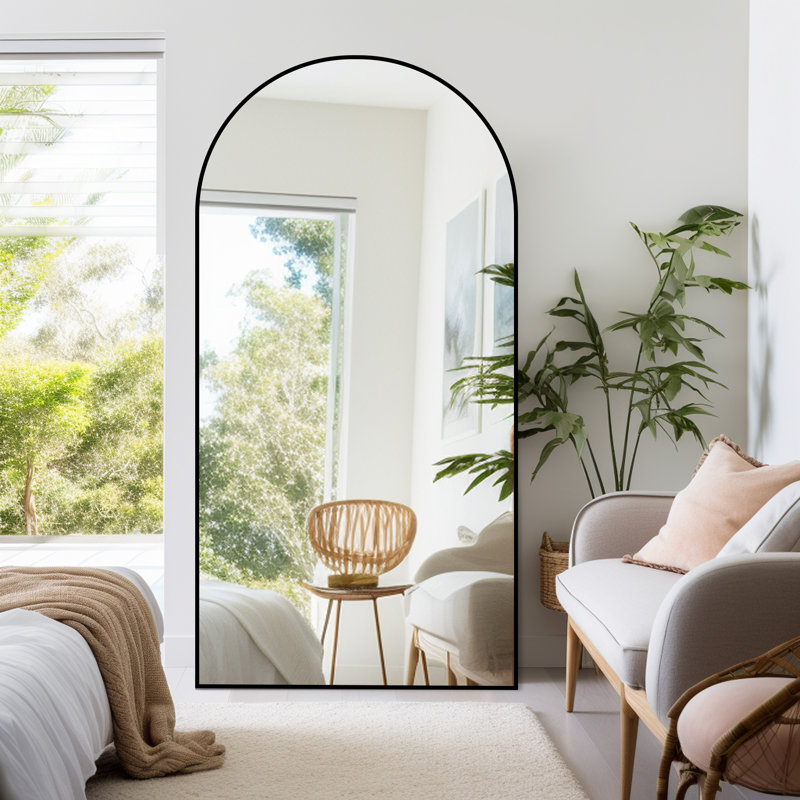  Arched Full-Length Floor Mirror with Aluminum Alloy Frame, Shatter-Resistant Glass, Freestanding or Wall Mounted, Black