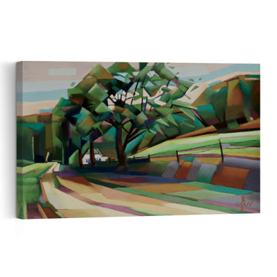 Illustration murale abstraite et colorée représentant une route de campagne géométrique, un paysage naturel.
