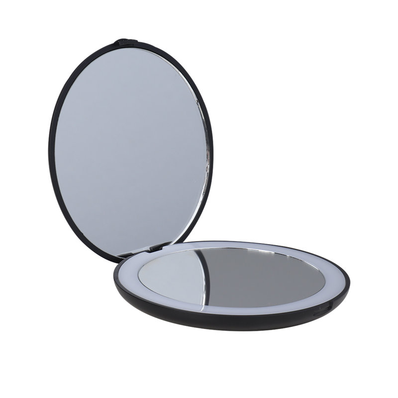 Infinity LED Compact Mirror with Strip Light, Bifold Wireless Compact Mirror with Magnifying Glass, Black