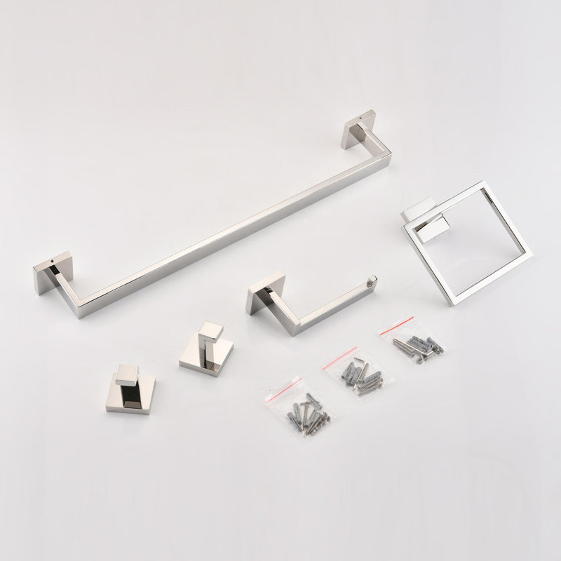 5-Piece SUS304 Bathroom Set: Towel Bar + Ring + Hooks + TP Holder, Brushed Finish, Chrome
