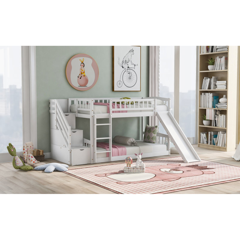 Lit superposé au dessus d'un escalier avec 2 tiroirs et glissade, Blanc