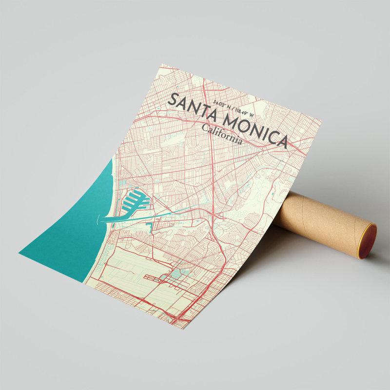 Santa Monica, carte de la ville, impression, H 20 po x l 16 po, Vert / beige