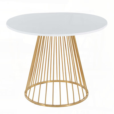 Table de salle à manger contemporaine - Base de cage en métal doré avec plateau en panneau de fibres à densité moyenne blanc