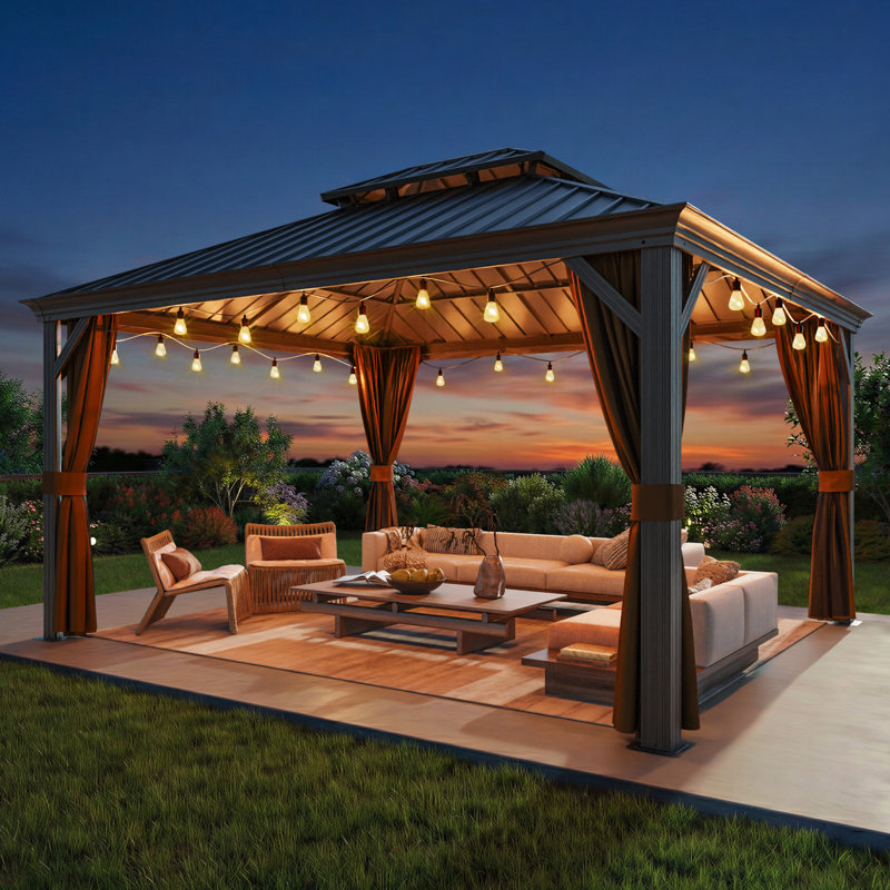 Outdoor Aluminum Hardtop Gazebo equipped with a double-layer roof, curtains, and mosquito net