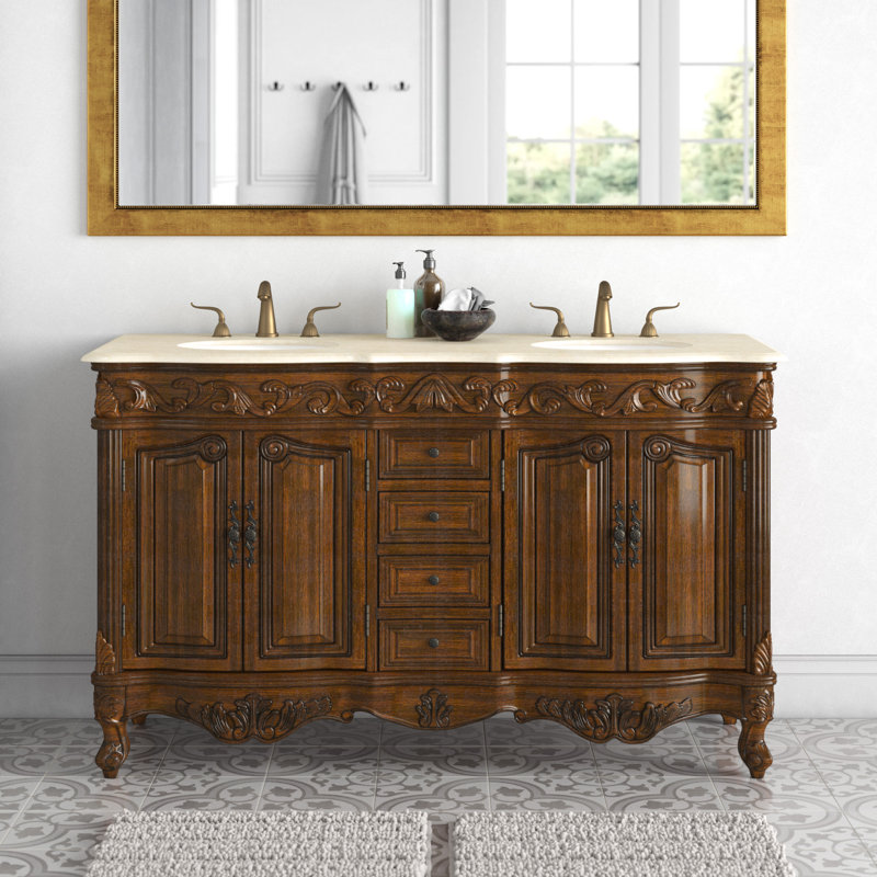 60'' Double Bathroom Vanity with Marble Top, Antique White, Cream