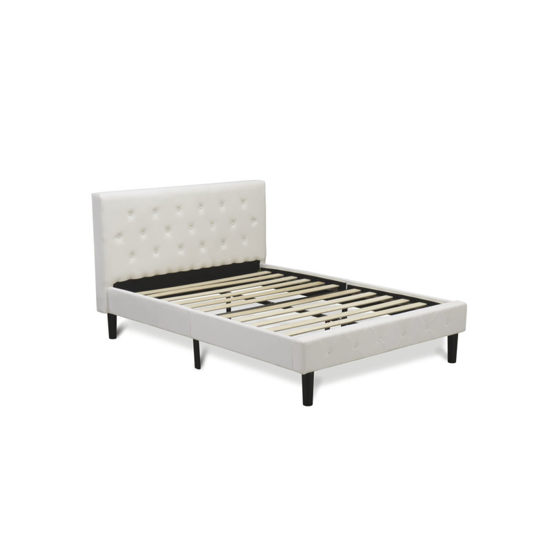Nolan Platform Bed Frame - Button Tufted Linen white Velvet Fabric Padded Headboard & Footboard, Black Legs, Full Size, Full