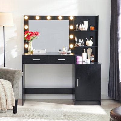 Bureau de coiffeuse avec miroir et lumières, coiffeuse 46,4 po avec 2 grands tiroirs et grand organisateur vertical, commode à 3 niveaux et 3 modes d'éclairage à luminosité réglable, convient à la chambre à coucher (noir)
