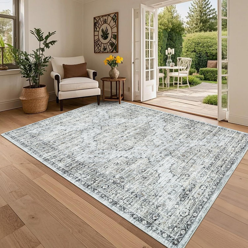 8X10 Blue Vintage Rug, Low Pile Soft Non-Shedding Washable Carpet With Non-Slip Rubber Backing For Living Room & Bedroom