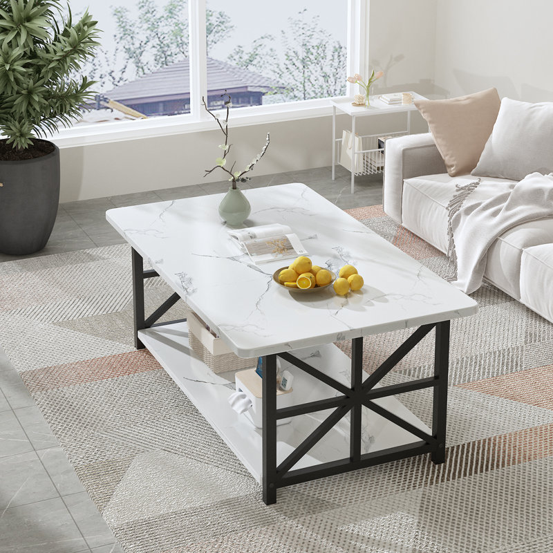 Table basse moderne à motif de marbre minimaliste - Table centrale multifonctionnelle pour le salon, Blanc