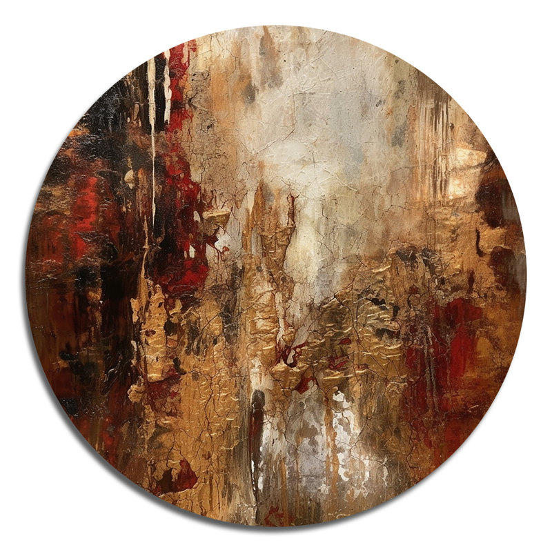 Révélations de l'ancienne Italie en or et rouge - Art abstrait rond en métal, H 29 po x l 29 po 