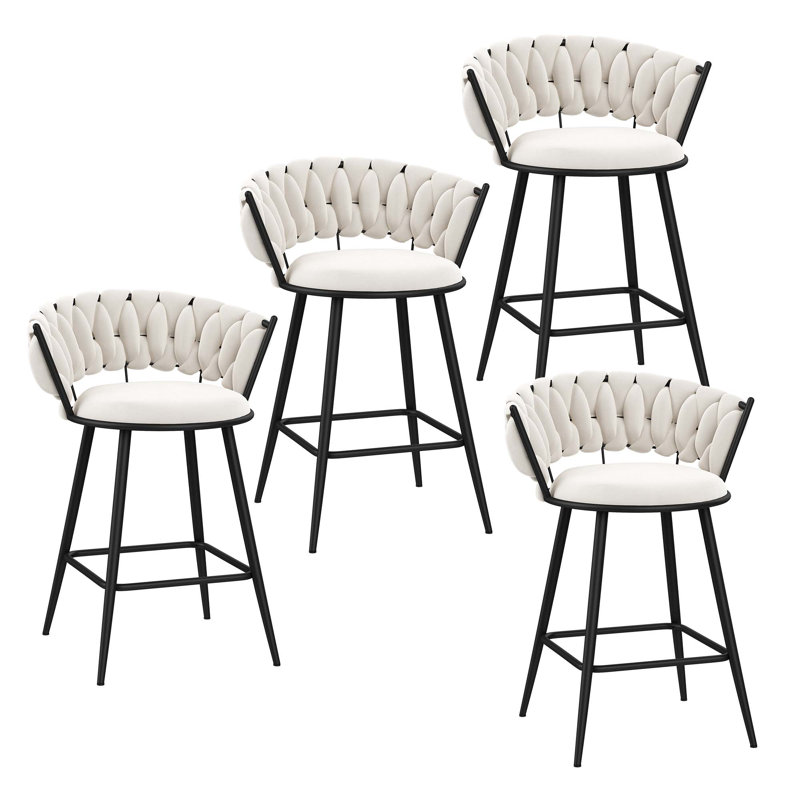 Upholstered Counter Stool With Metal Frame, Ivory, Bar Stool 30" Seat Height