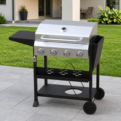 4-Burner Propane Gas Grill, 48,000 BTU BBQ Grill with Lid, Foldable Side Shelves & Wheels, Outdoor Grill for Backyard & Patio BBQ Parties