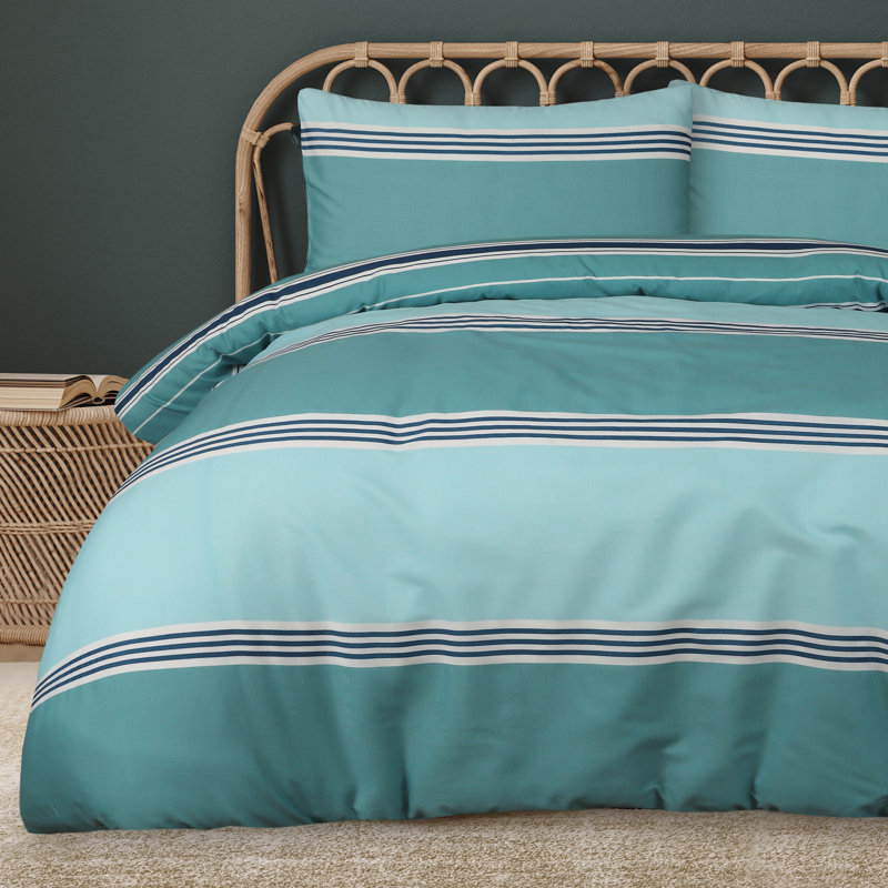 Cotton Blend Bedding, Single Duvet Cover + 1 Pillowcase, Teal Striped